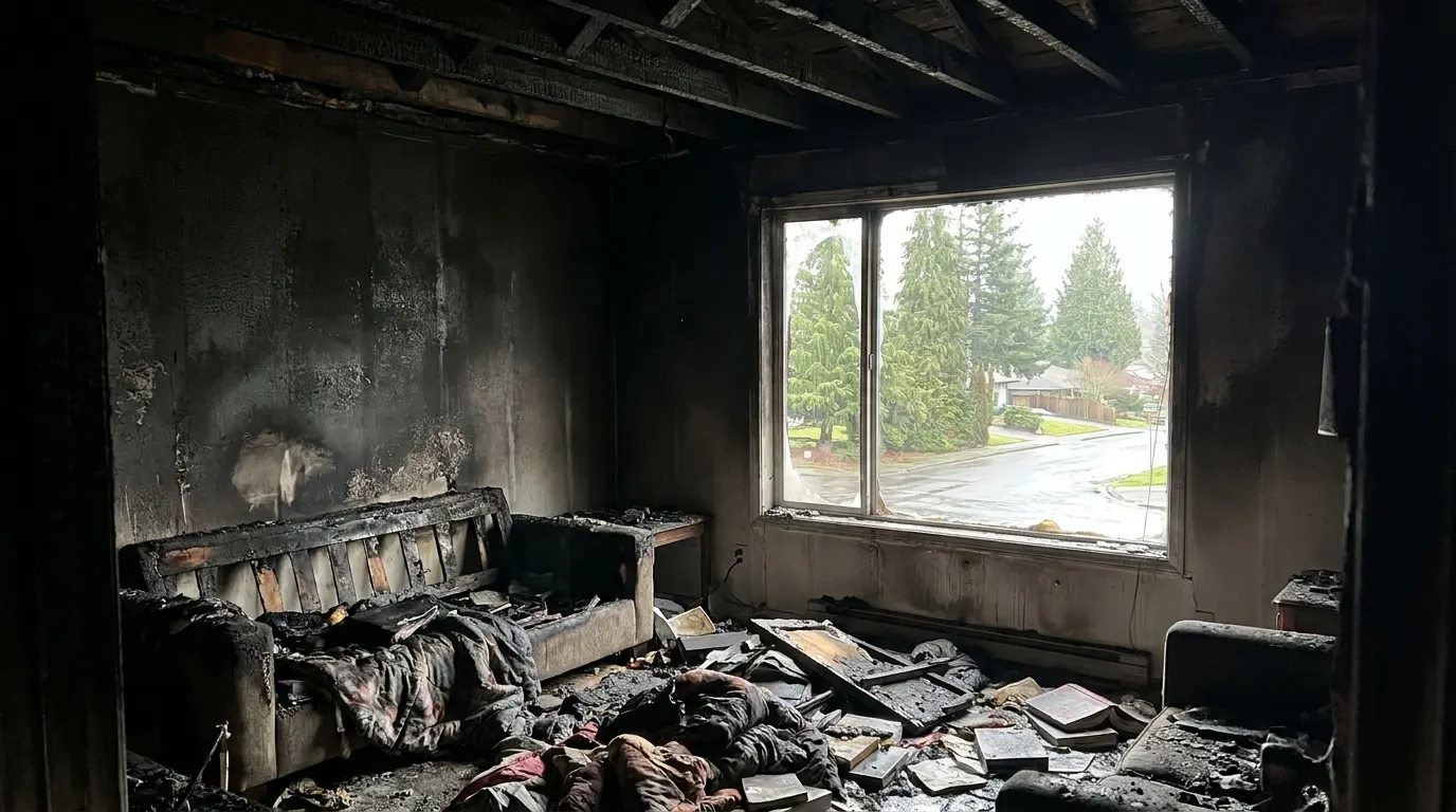 Living room with severe fire damage and charred walls before restoration