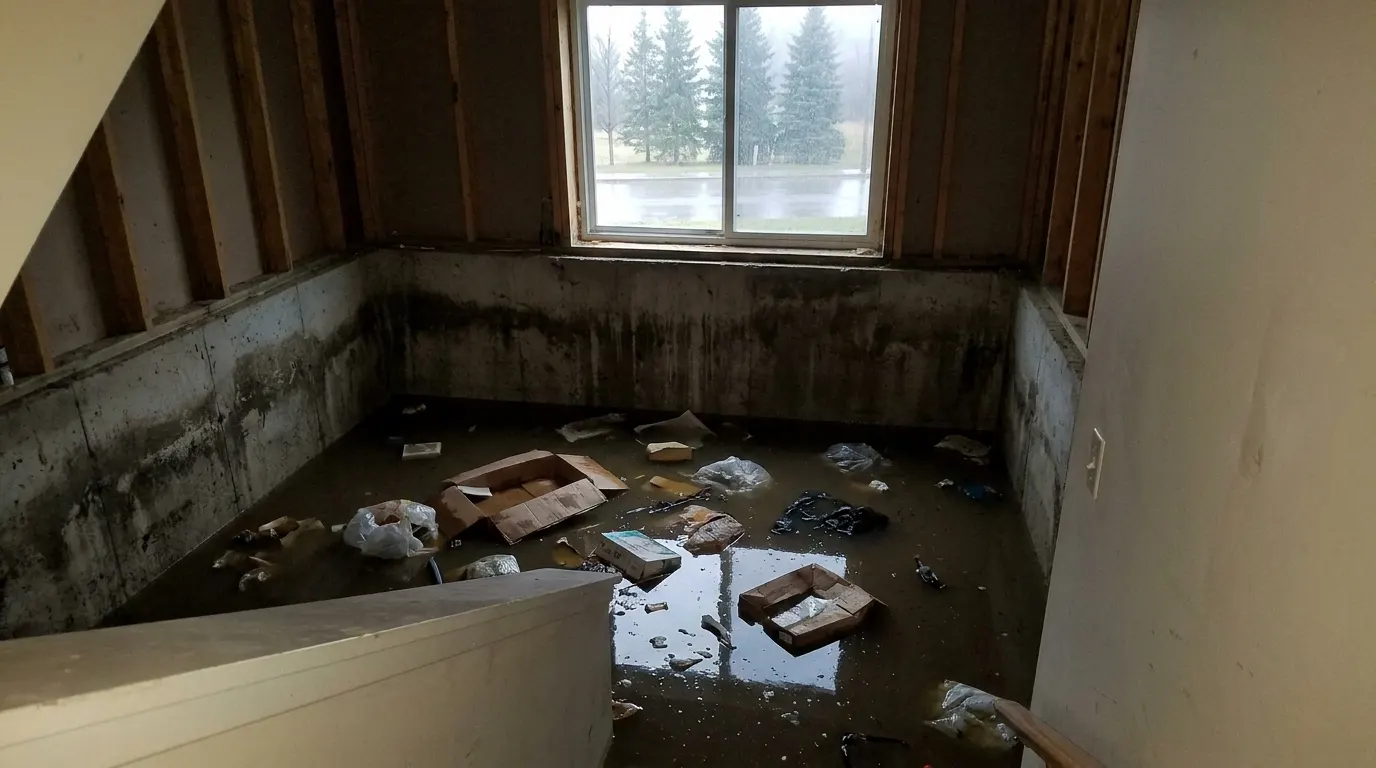 Basement flooded wall to wall by a sewage backup before cleanup